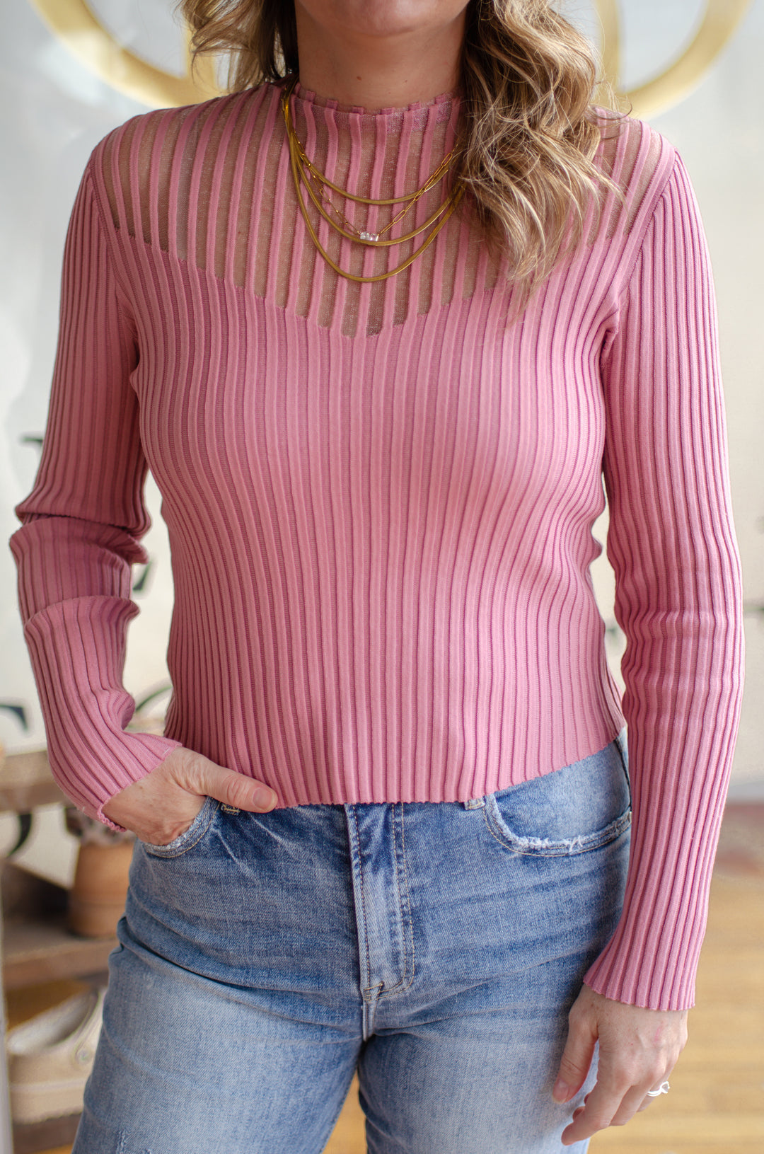 Making Moves Sheer Sweetheart Knit Long Sleeve Top in Mauve