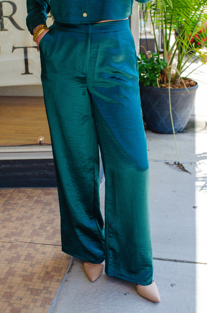 At First Glance Satin High Rise Wide Leg Pant in Deep Emerald