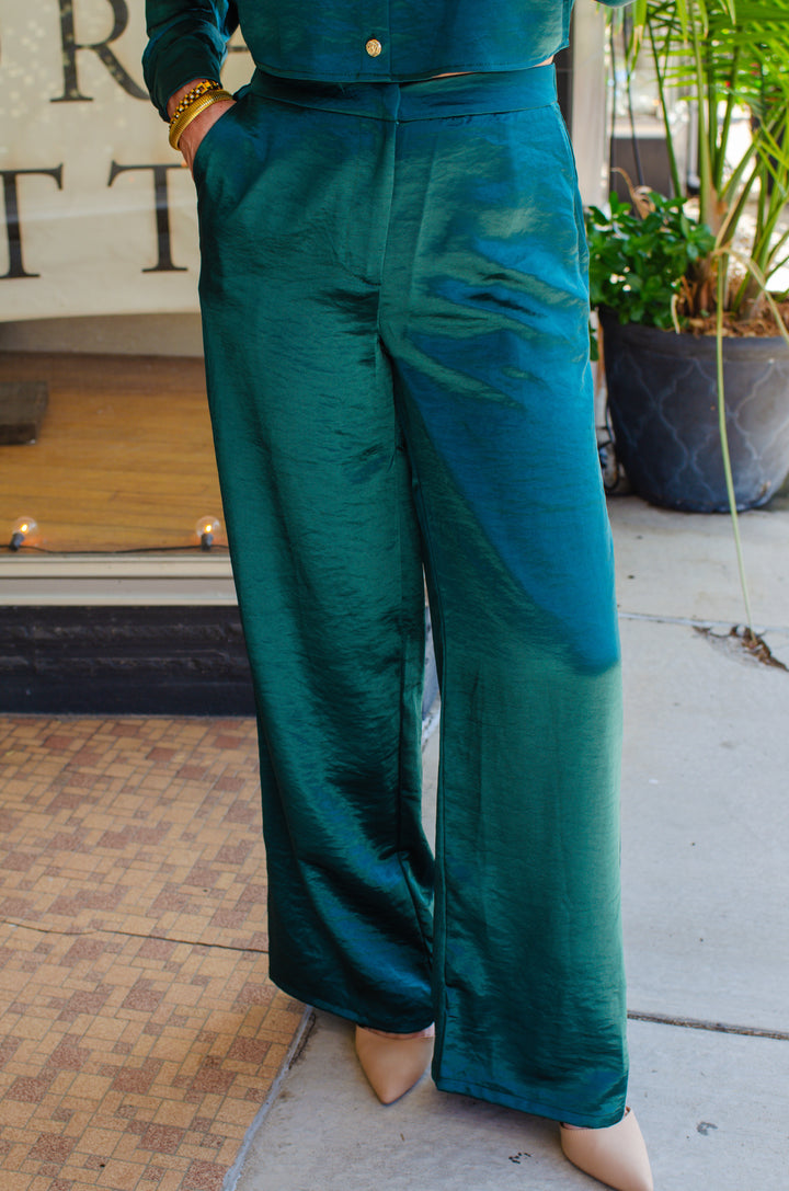 At First Glance Satin High Rise Wide Leg Pant in Deep Emerald