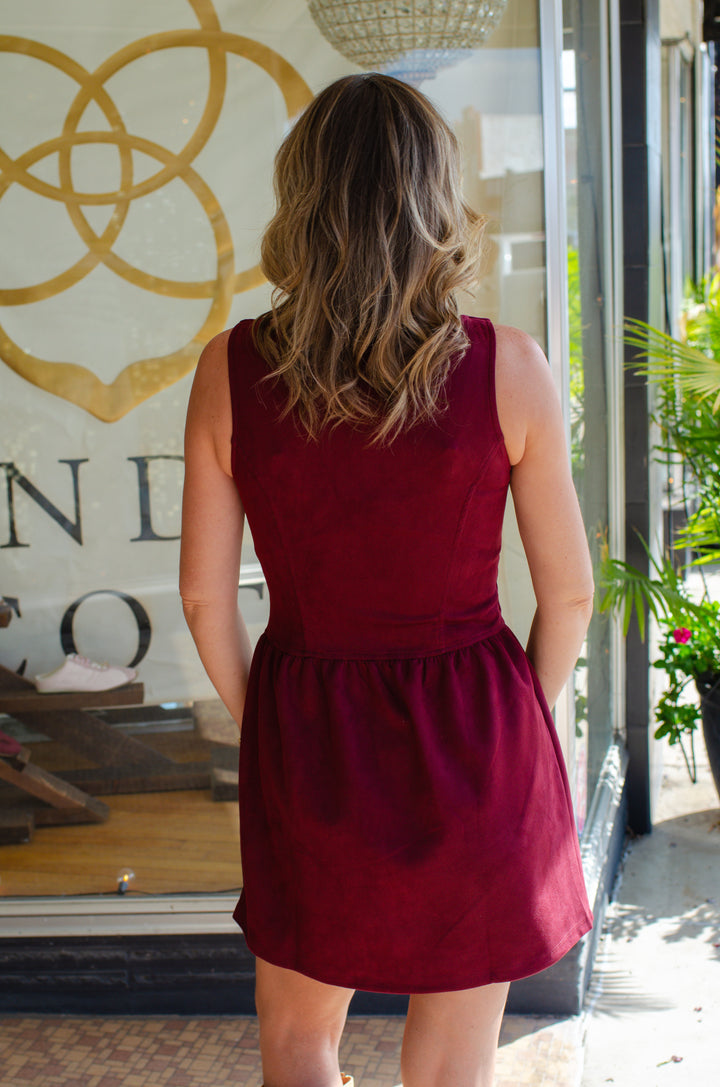 Chic Suede Corset Bask Waistline Dress in Wine