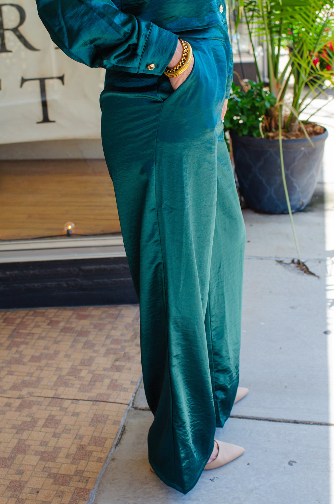 At First Glance Satin High Rise Wide Leg Pant in Deep Emerald