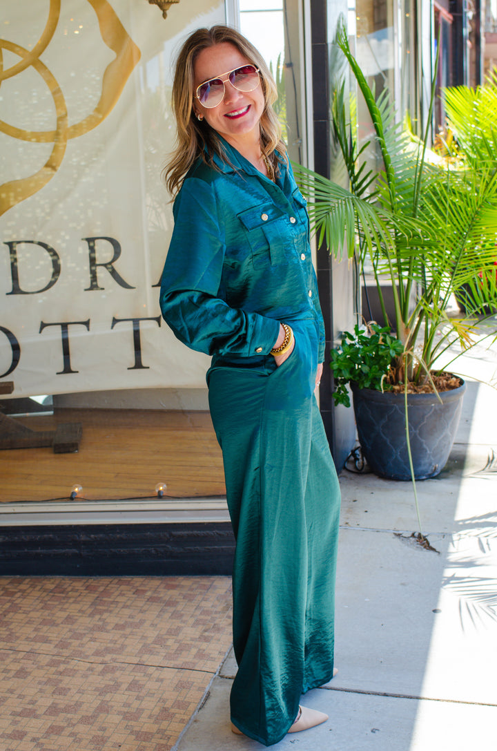 At First Glance Satin High Rise Wide Leg Pant in Deep Emerald