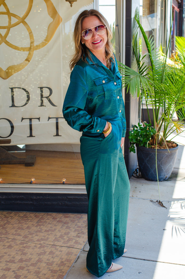 At First Glance Satin High Rise Wide Leg Pant in Deep Emerald