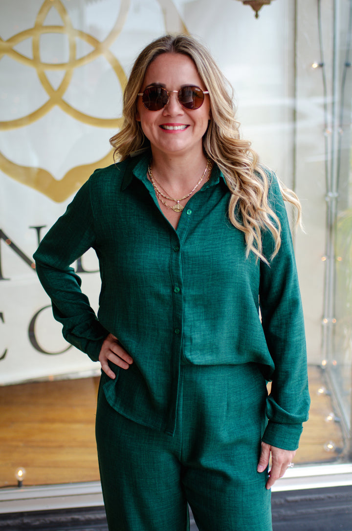 Forever True to You Button Down Collated Poly Linen Top in Forrest Green