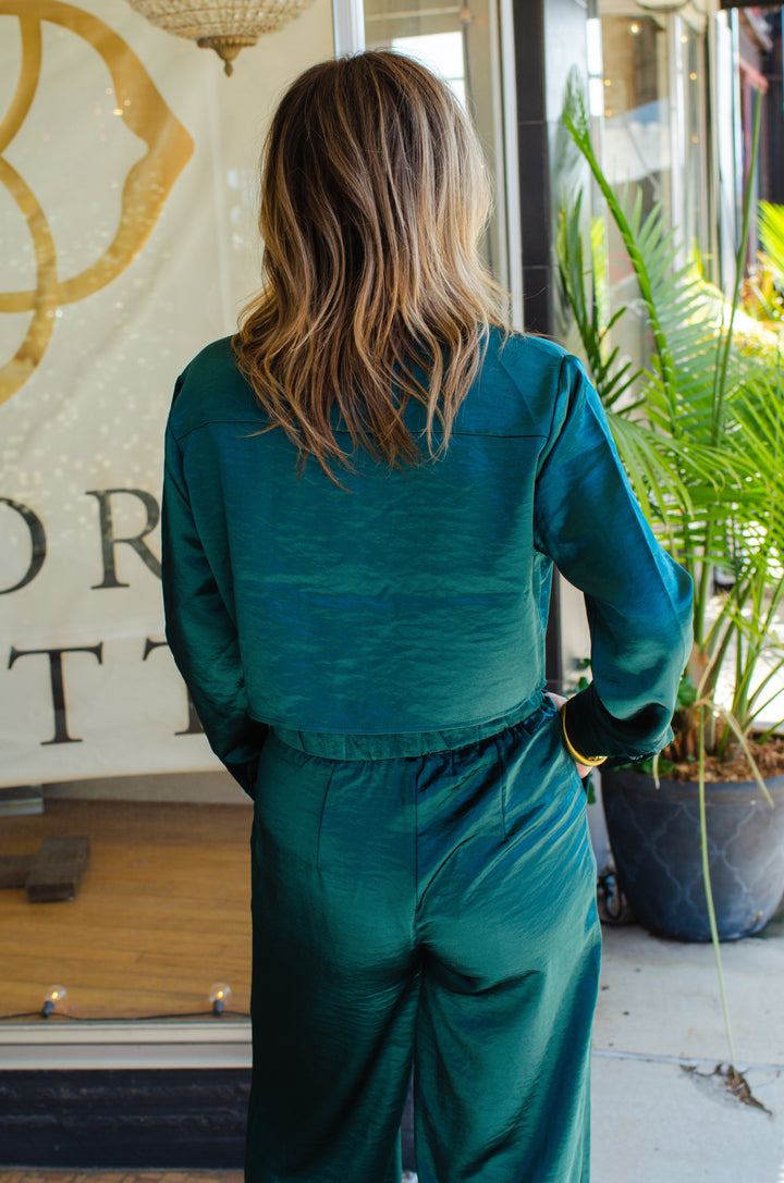 At First Glance Satin High Rise Wide Leg Pant in Deep Emerald