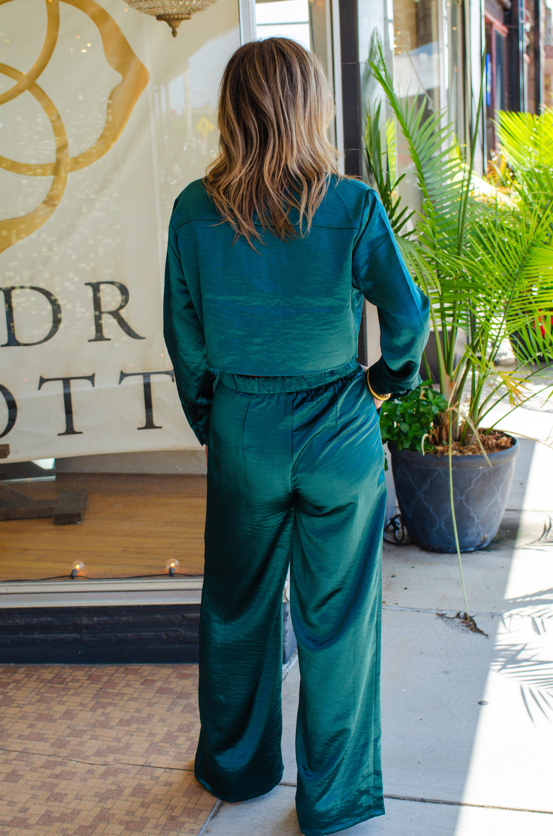 At First Glance Satin Long Sleeve Pocket Front Top in Deep Emerald
