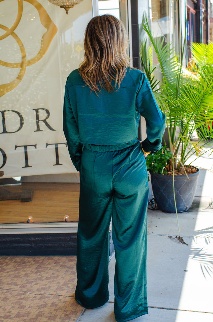 At First Glance Satin High Rise Wide Leg Pant in Deep Emerald
