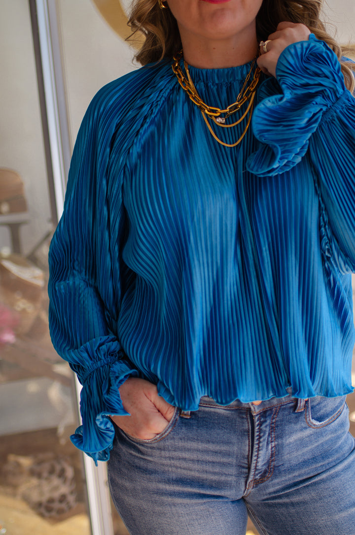 Cold As Ice Accordion Pleated Top in Icy Blue