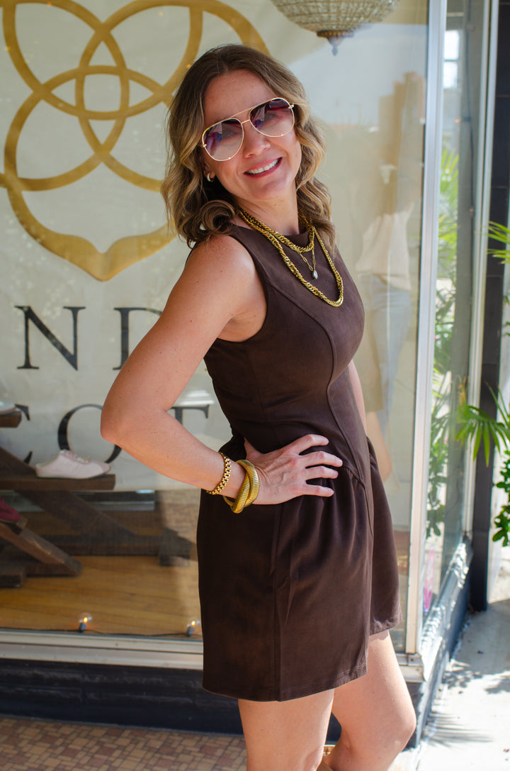 Chic Suede Corset Bask Waistline Dress in Chocolate Brown