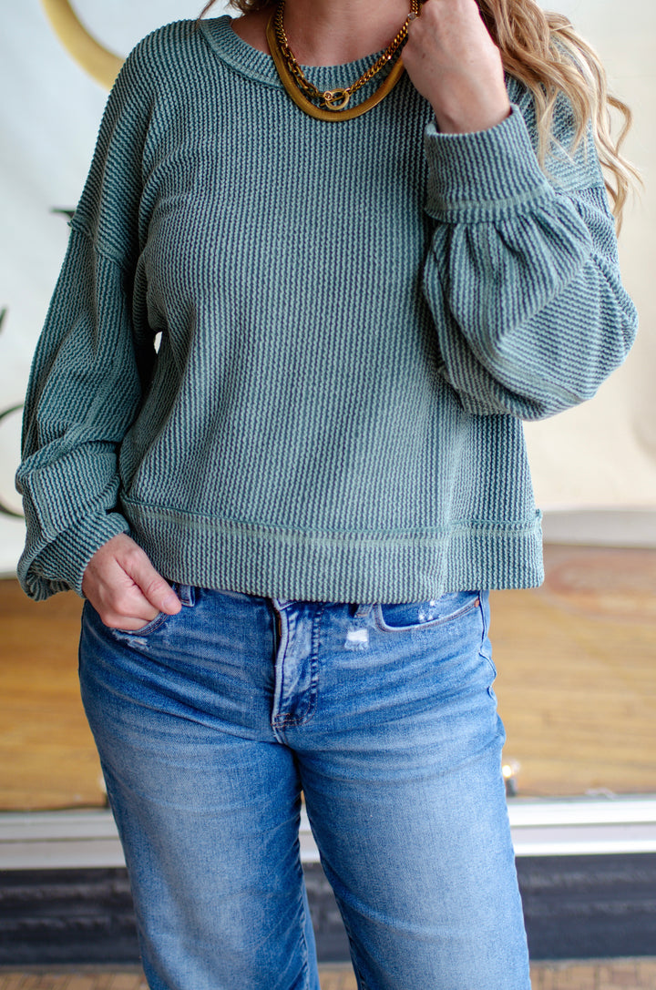 Autumn Moments Two Toned Soft Knit Top in Moss