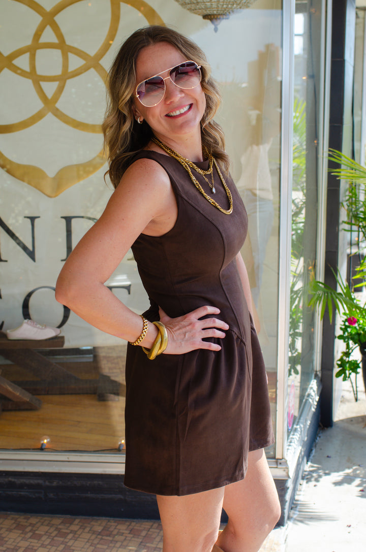 Chic Suede Corset Bask Waistline Dress in Chocolate Brown