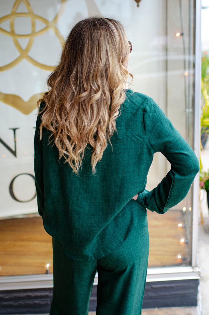 Forever True to You Button Down Collated Poly Linen Top in Forrest Green