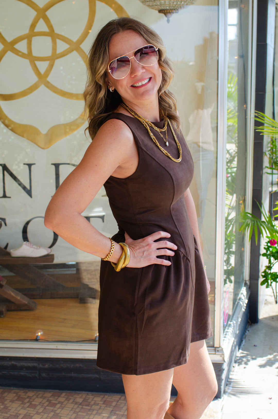 Chic Suede Corset Bask Waistline Dress in Chocolate Brown