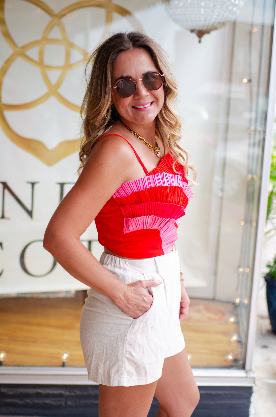 Moment in Time Color Block Ruffle Top in Red & Pink Multi