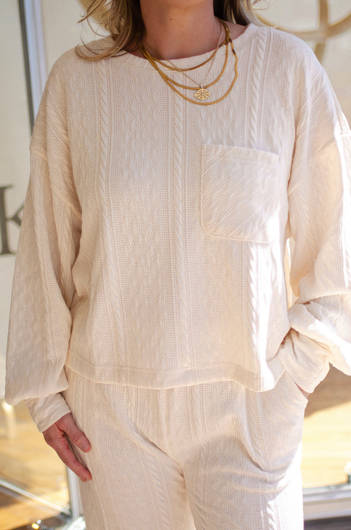 Take The Leap Oversized Cable Knit Loungewear Pocket Top in Cream