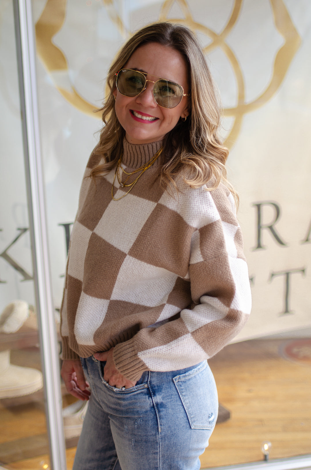 Check You Out Knit Checked Sweater Top in Mocha