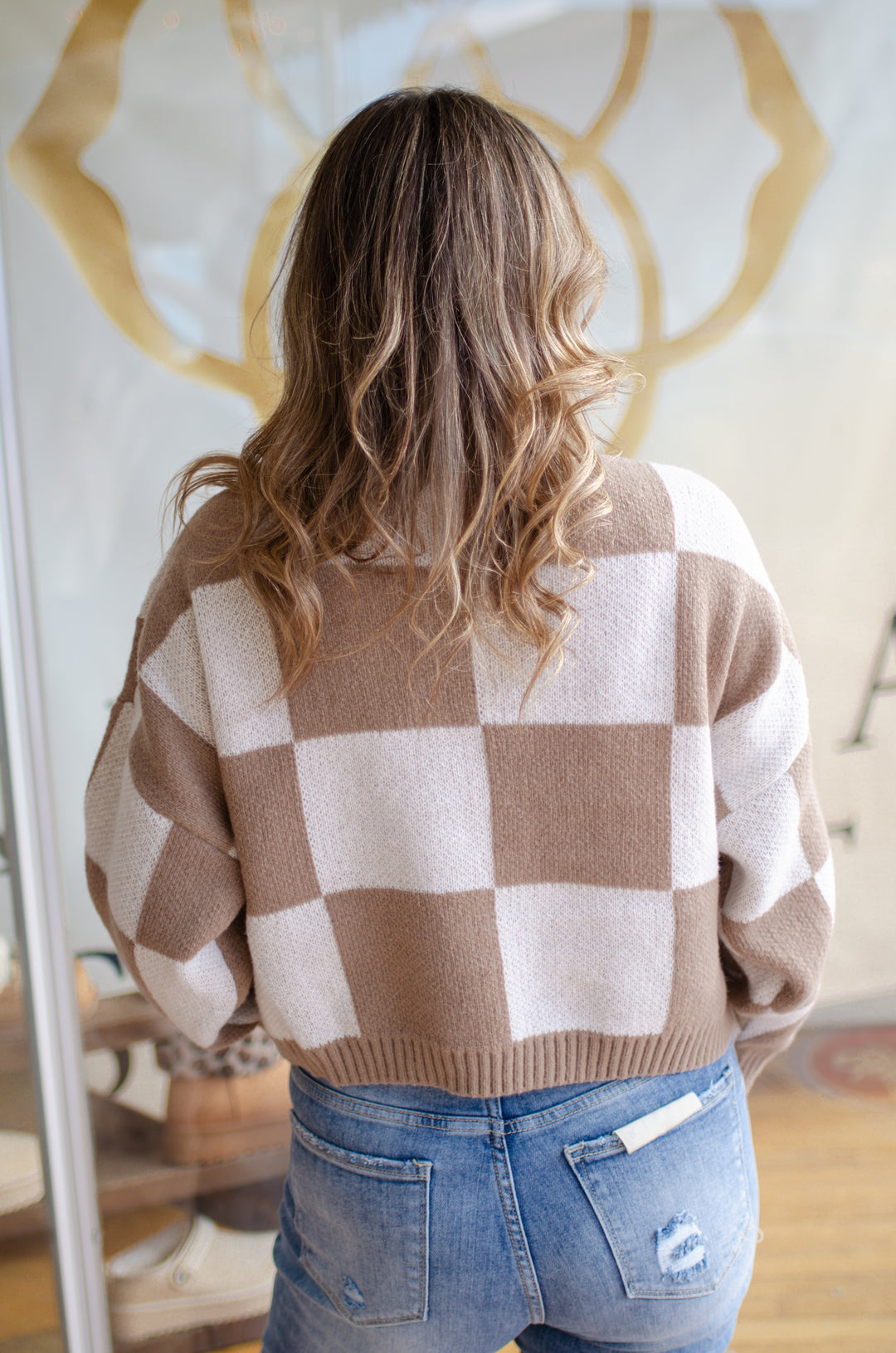 Check You Out Knit Checked Sweater Top in Mocha