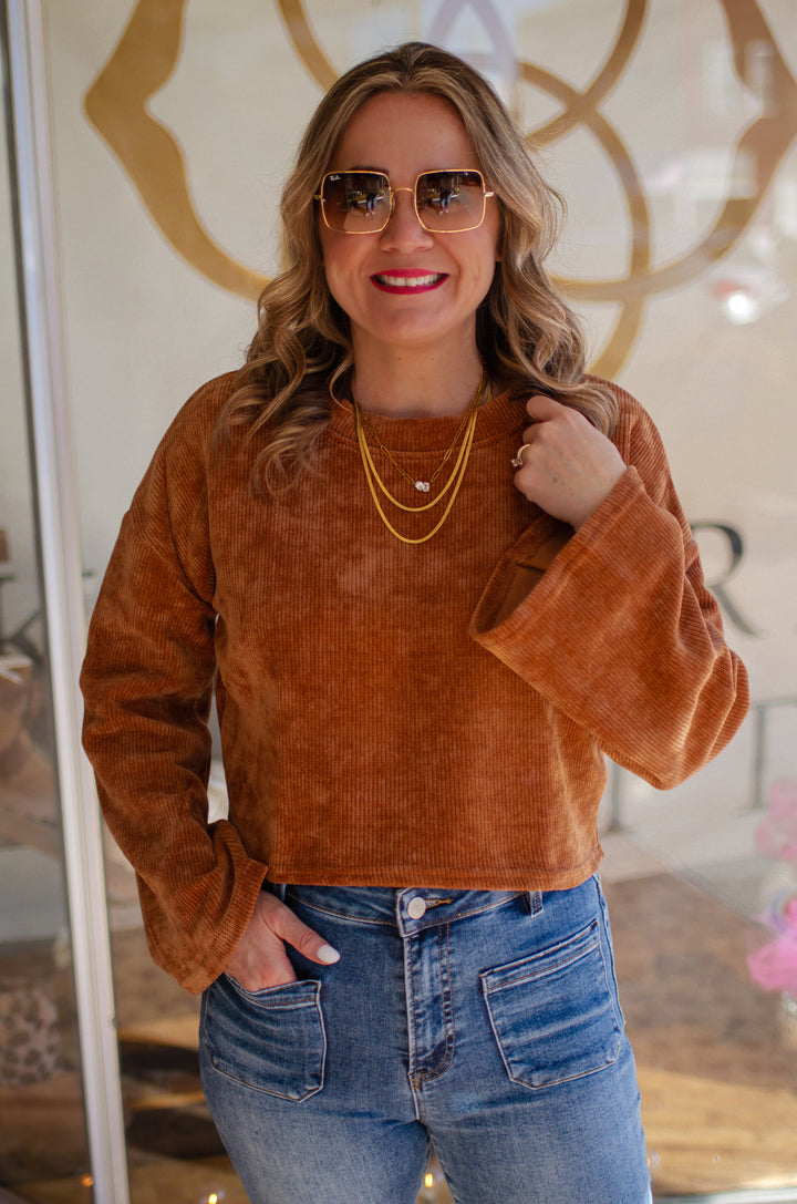 Cozy Up To Me Soft Chenille Bell Sleeve Sweater Top in Camel