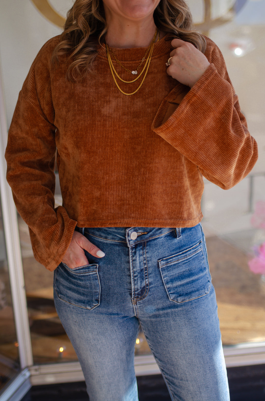 Cozy Up To Me Soft Chenille Bell Sleeve Sweater Top in Camel