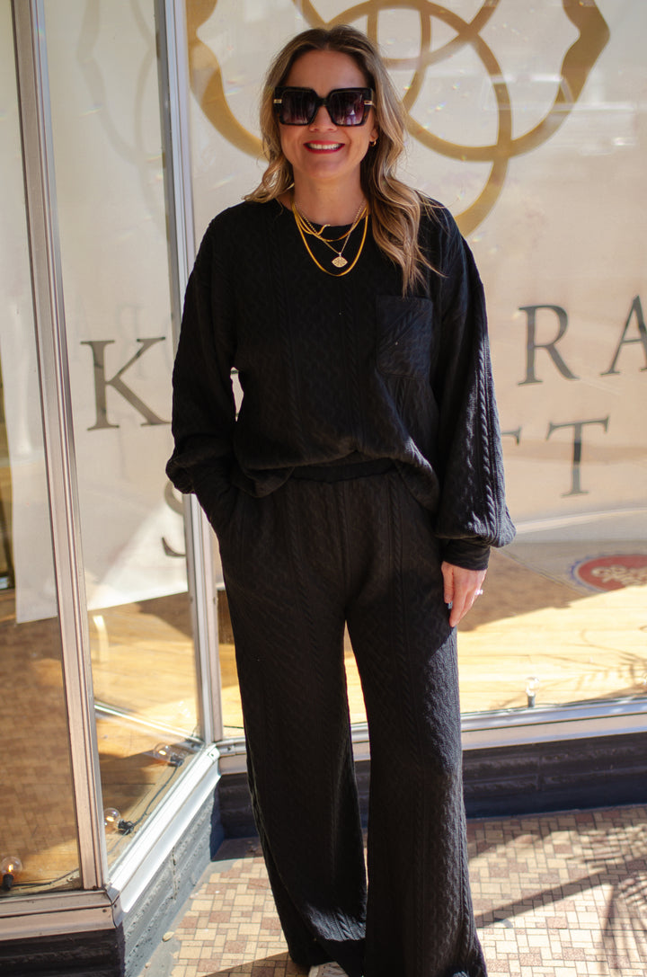 Take The Leap Cable Knit Loungewear Wide Leg Pants in Black