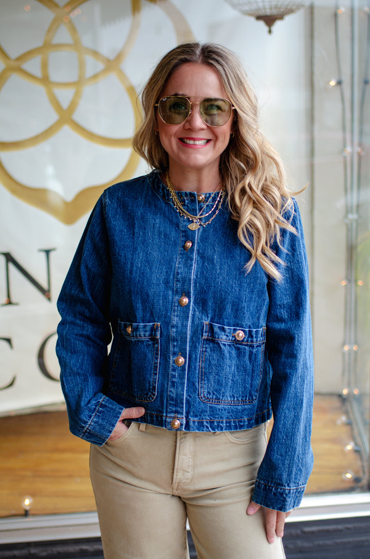 Upper East Side Denim Button Down Jacket with Gold Buttons