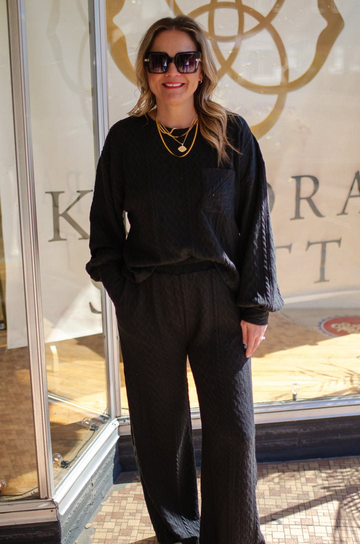 Take The Leap Cable Knit Loungewear Wide Leg Pants in Black