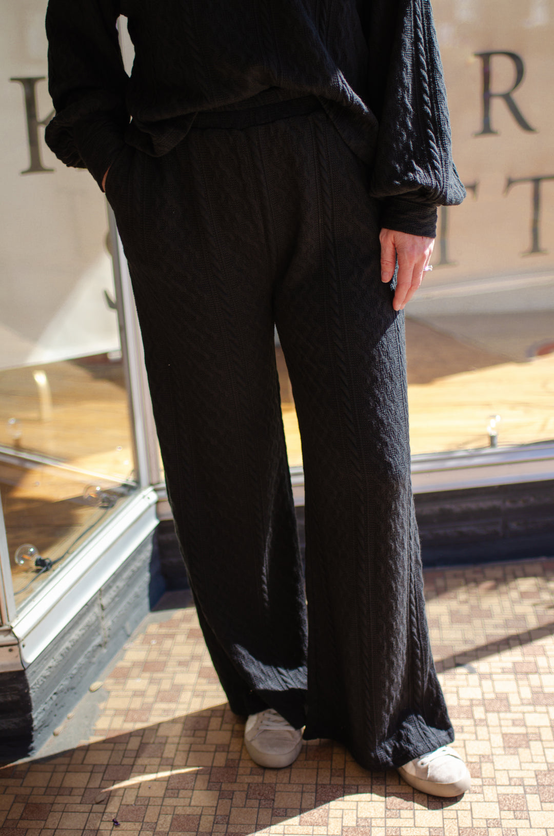 Take The Leap Cable Knit Loungewear Wide Leg Pants in Black