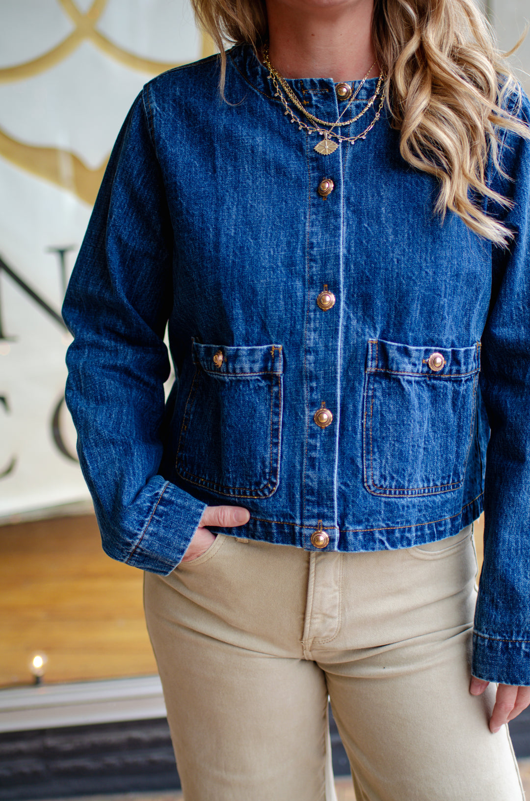 Upper East Side Denim Button Down Jacket with Gold Buttons