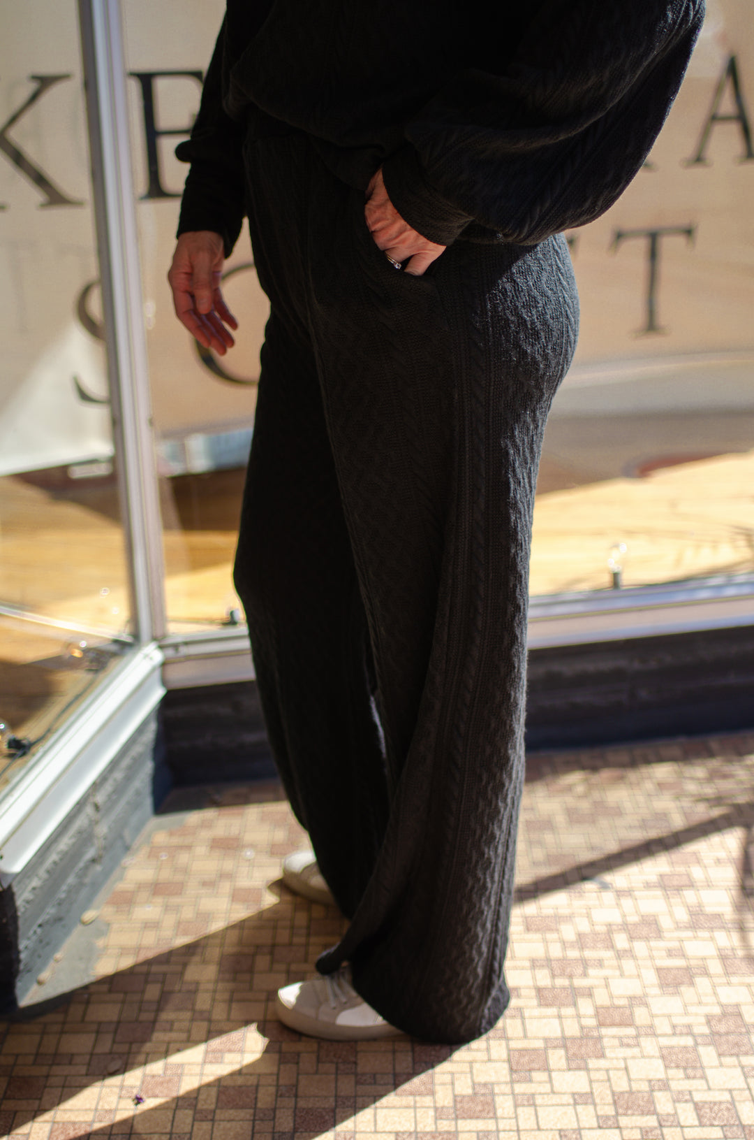 Take The Leap Cable Knit Loungewear Wide Leg Pants in Black