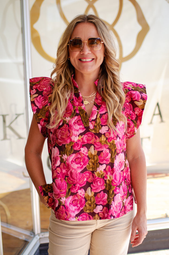 Floral Bouquet Jacquard V-Neck Top with a Ruffled Sleeve in Pink