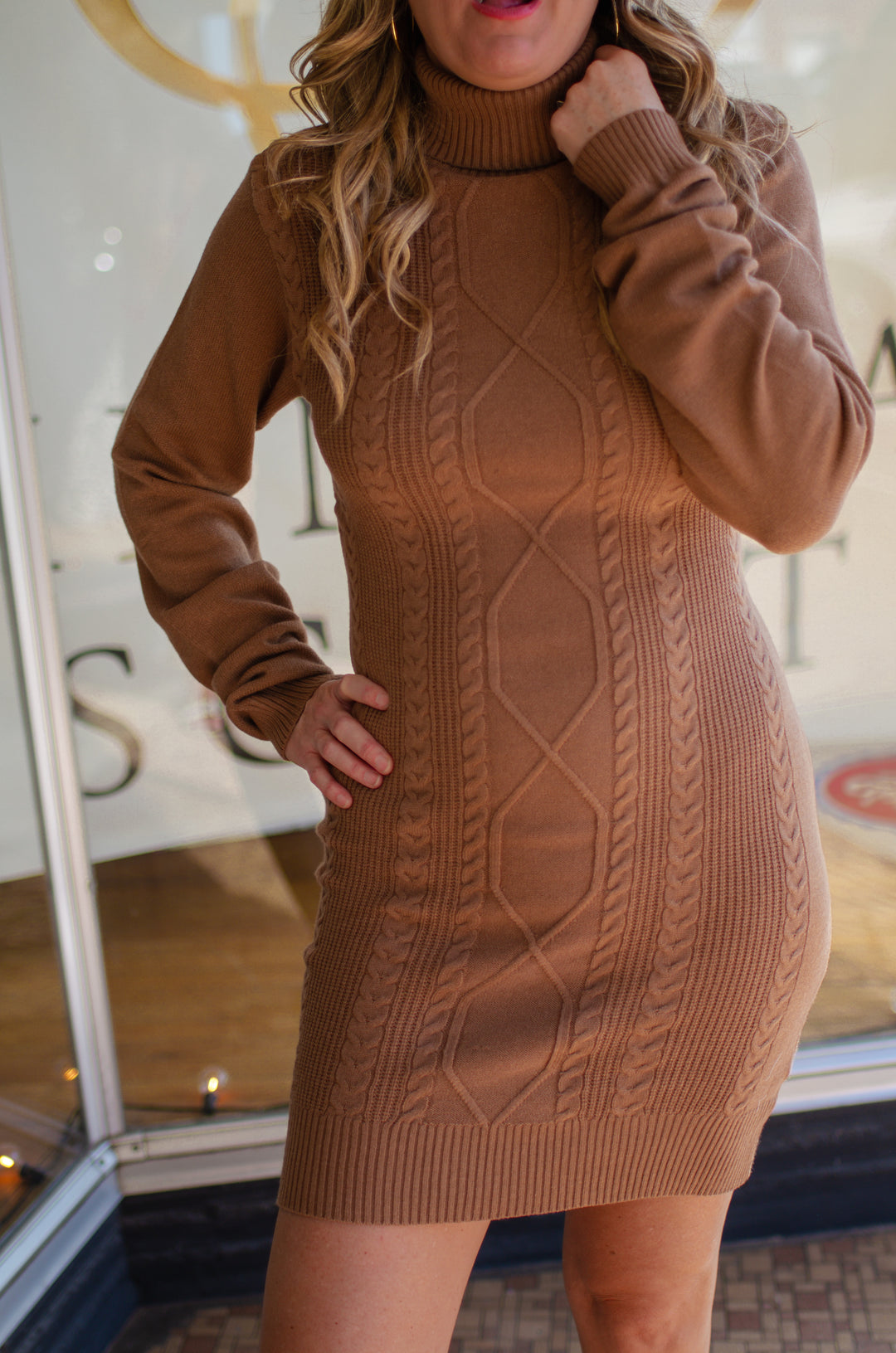 Fall For You Mock Neck Cable Knit Sweater Dress in Camel