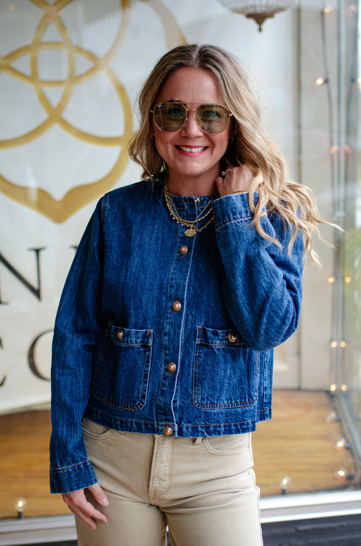 Upper East Side Denim Button Down Jacket with Gold Buttons