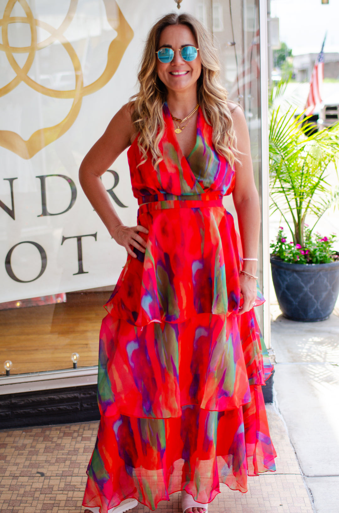 Vibrant Watercolor Tiered Maxi Top in Tomato Red