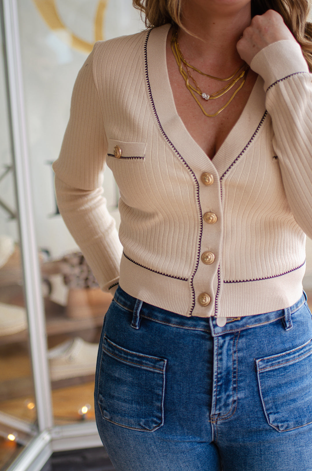 Ivy League Knit Button Down Cardigan with Gold Buttons in Taupe