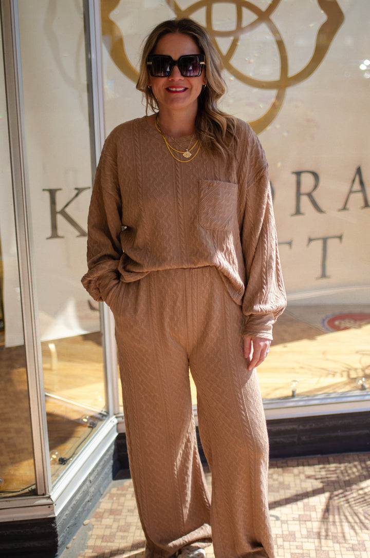 Take The Leap Cable Knit Loungewear Wide Leg Pants in Mocha