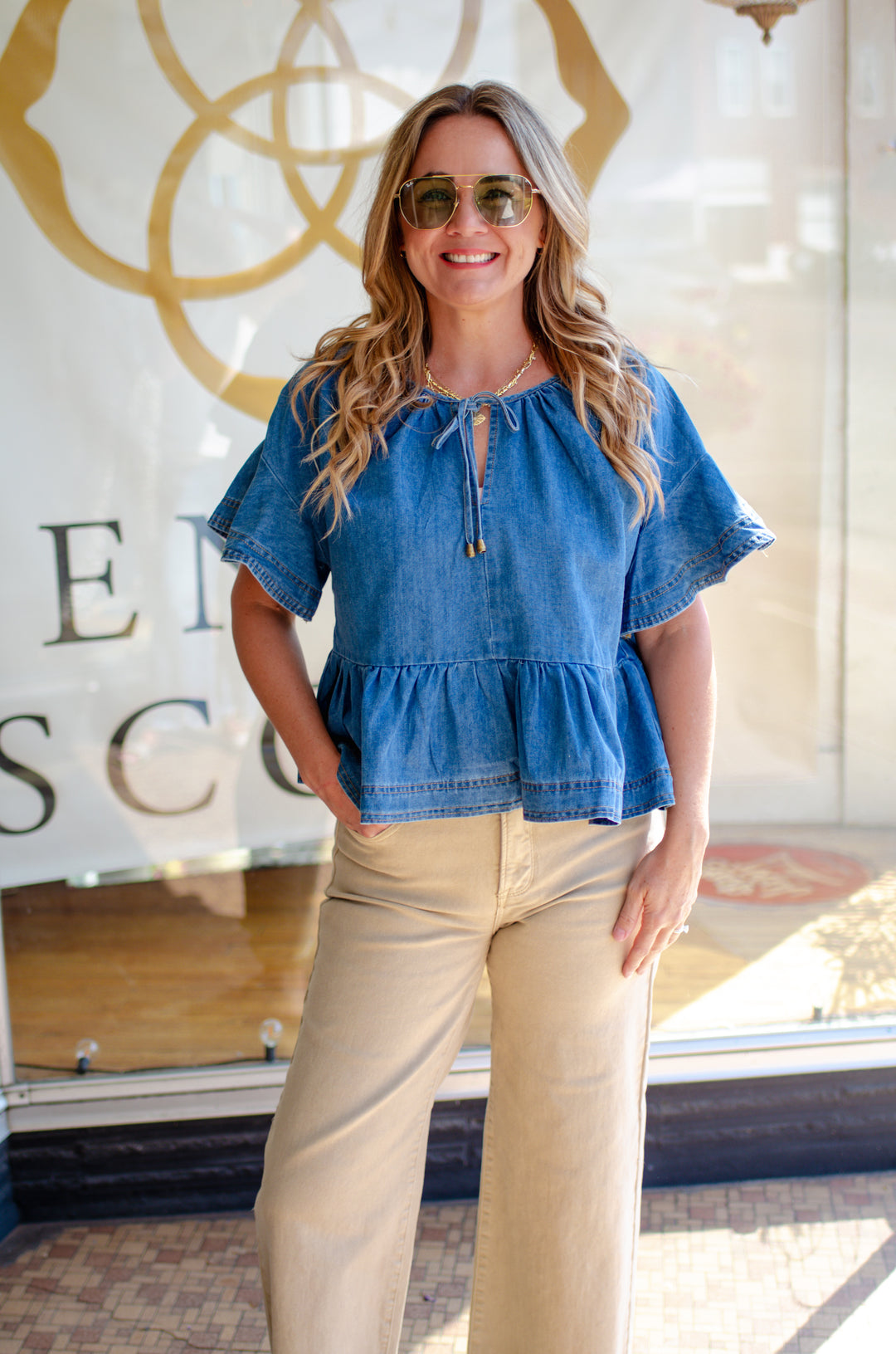 Denim Dreams Ruffled Denim Tie Front Top