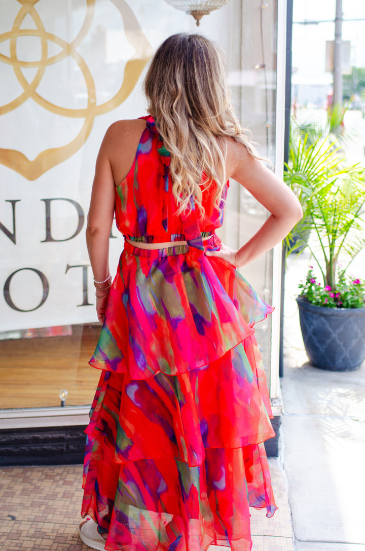 Vibrant Watercolor Tiered Maxi Top in Tomato Red