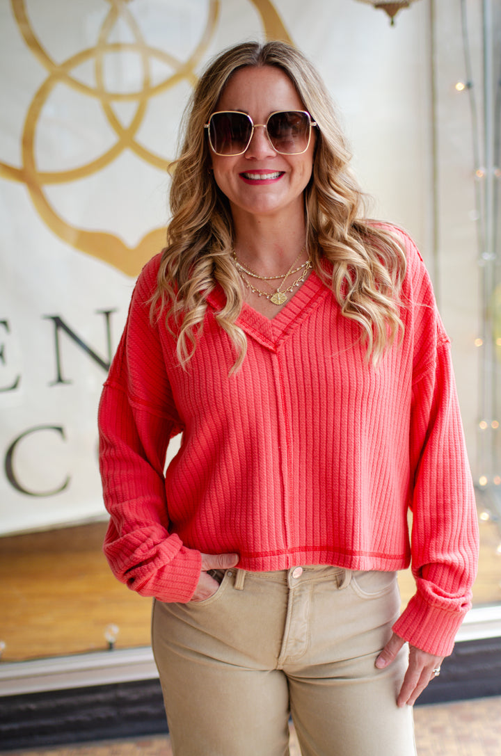 Comfort & Style V-Neck Soft Knit Long Sleeve Top in Coral