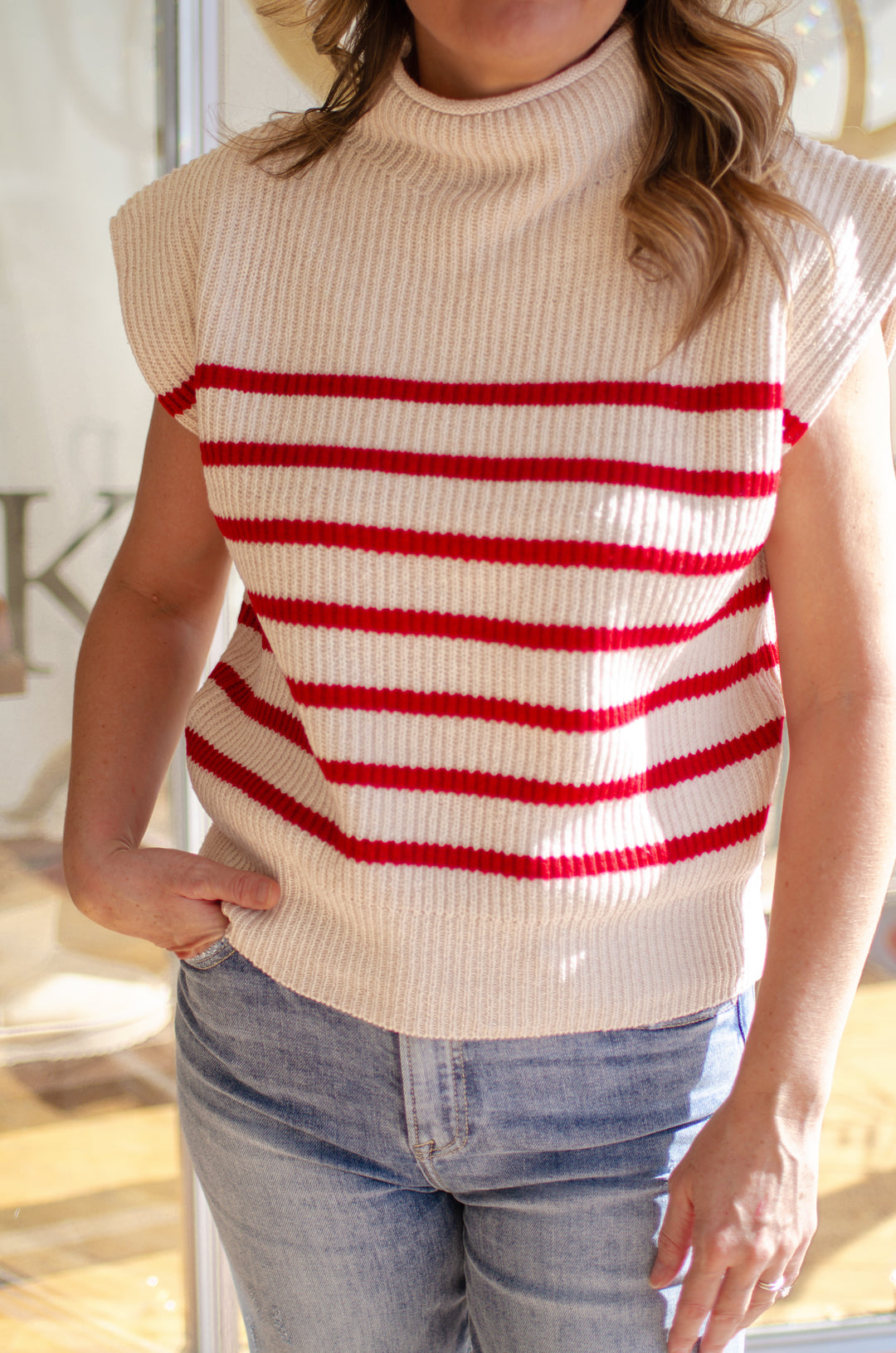 On Trend Red Stripe Power Shoulder Sweater