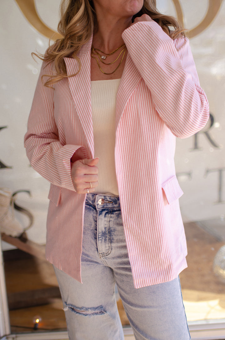 Weekend in The Hamptons Pinstripe Boyfriend Blazer in Pink