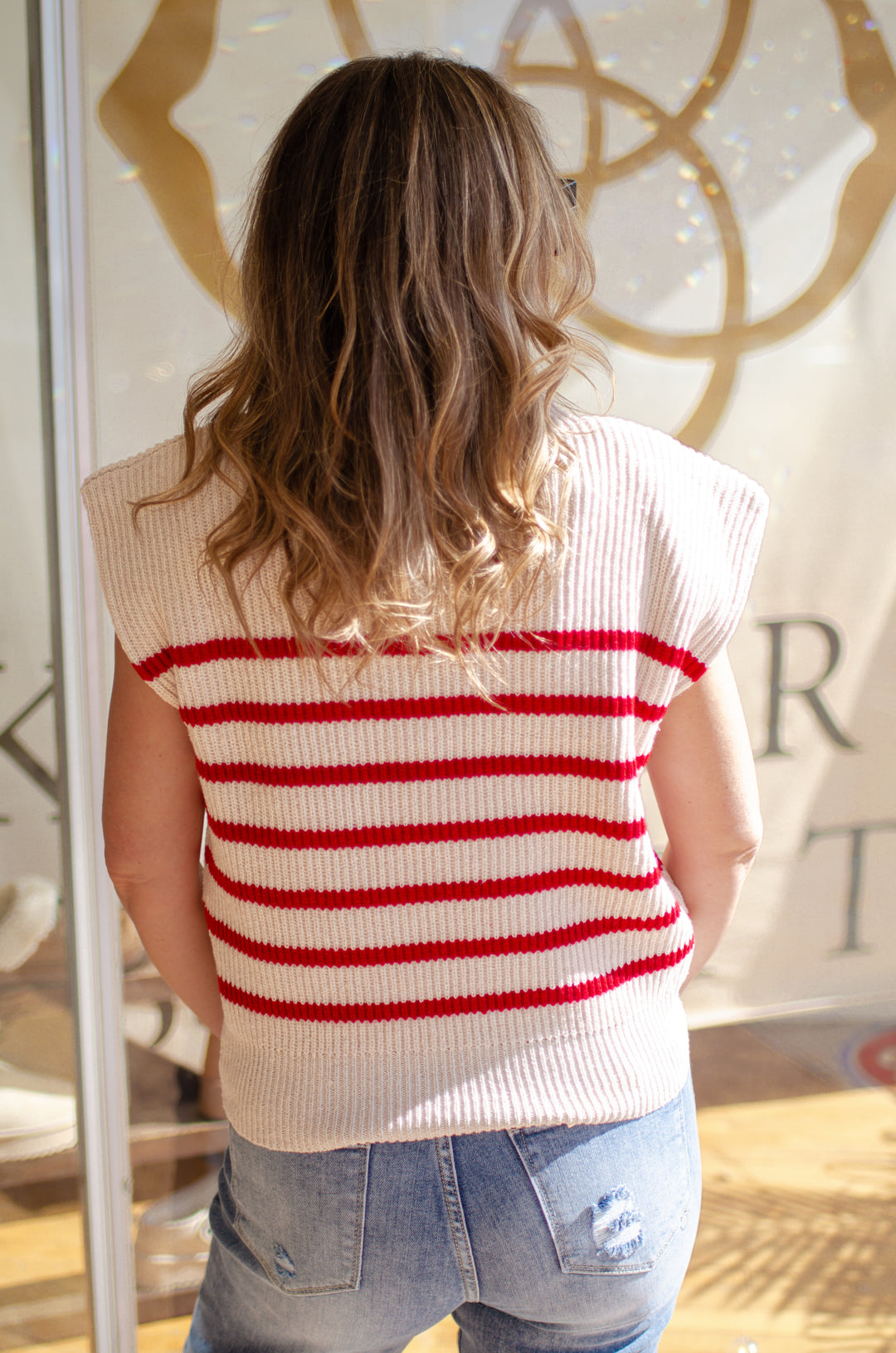 On Trend Red Stripe Power Shoulder Sweater