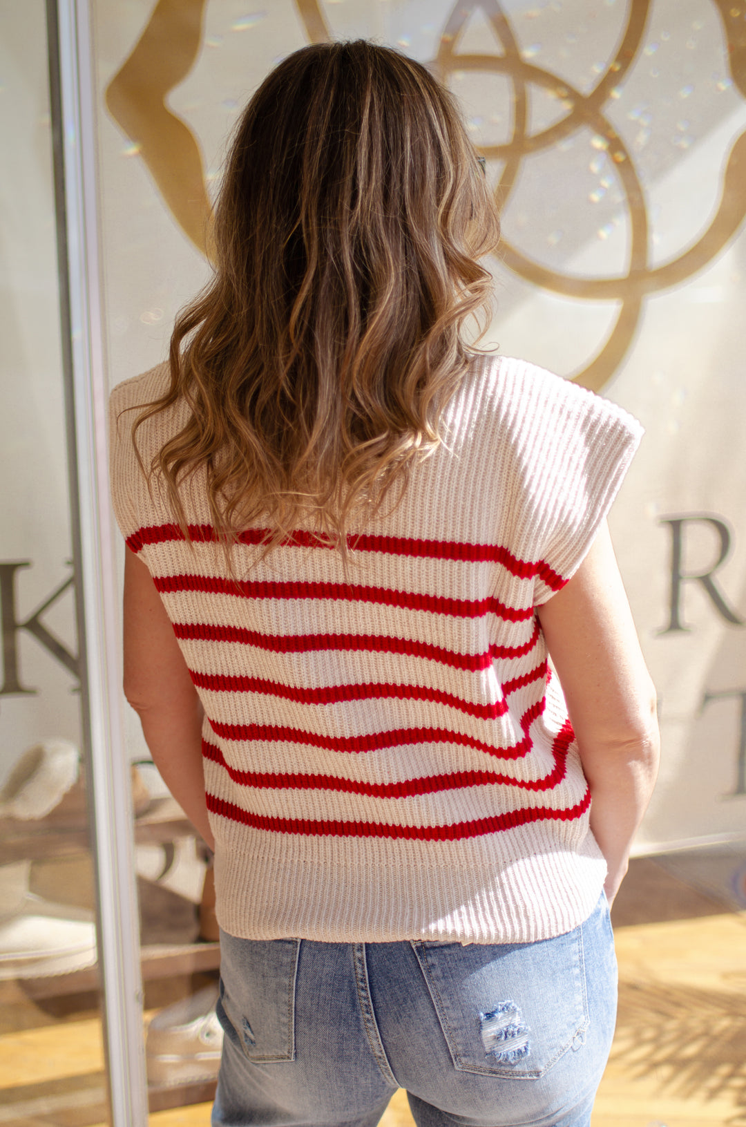 On Trend Red Stripe Power Shoulder Sweater