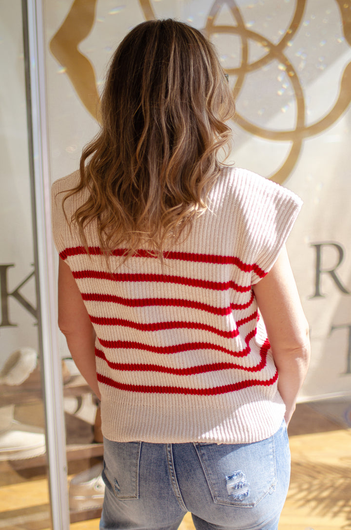 On Trend Red Stripe Power Shoulder Sweater