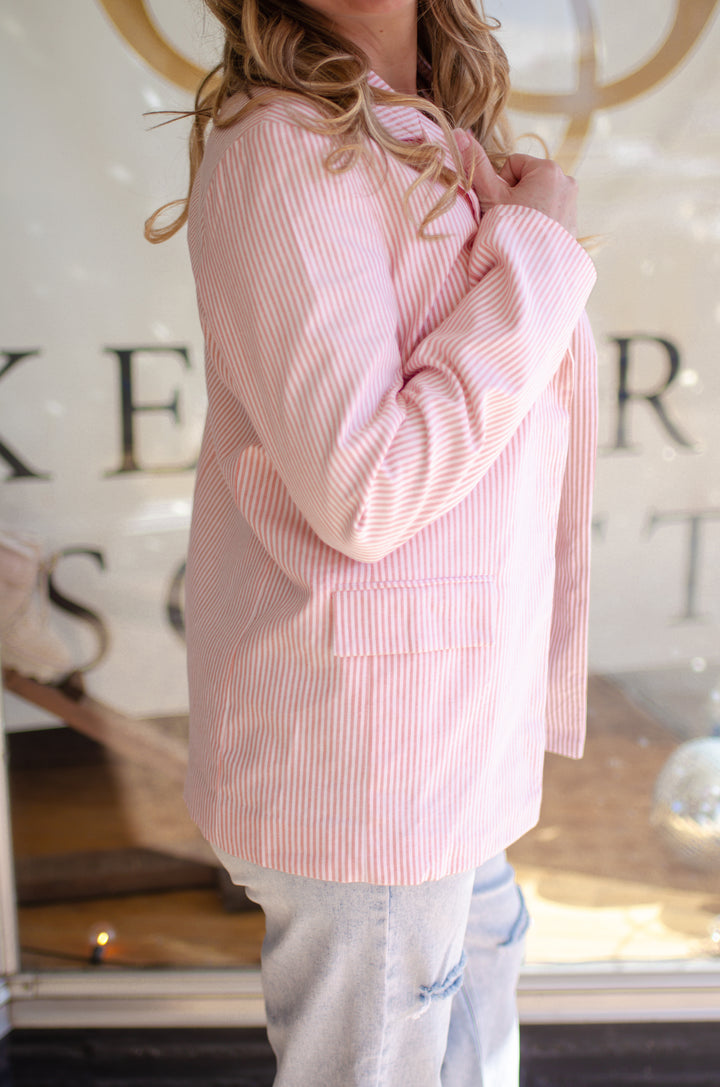 Weekend in The Hamptons Pinstripe Boyfriend Blazer in Pink