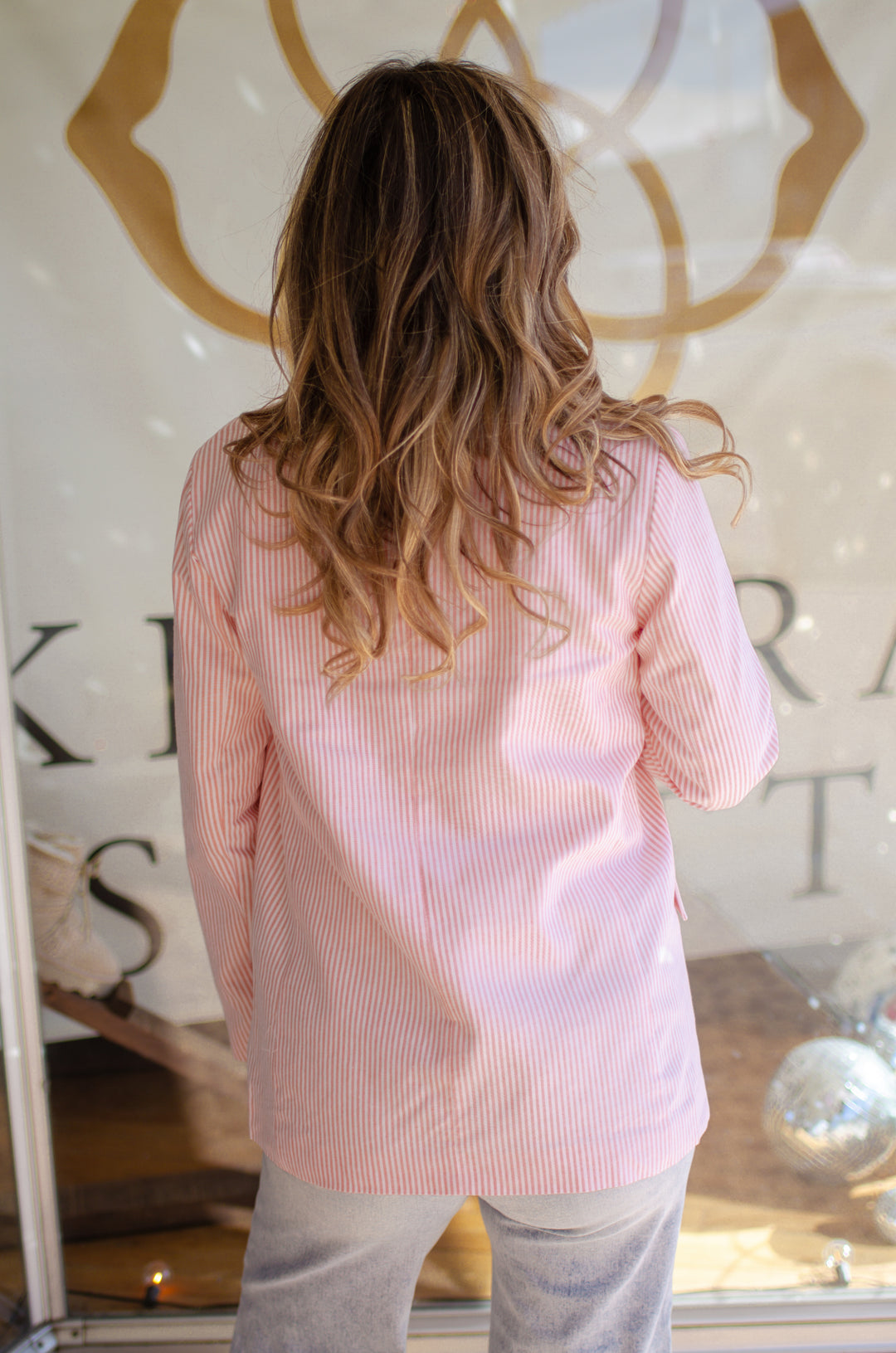 Weekend in The Hamptons Pinstripe Boyfriend Blazer in Pink