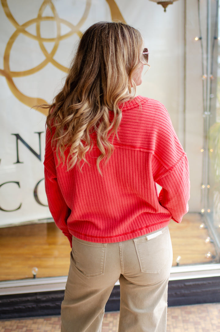 Comfort & Style V-Neck Soft Knit Long Sleeve Top in Coral