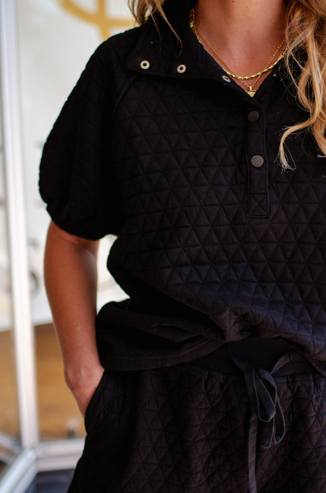 Fall Vibes Quilted Short Sleeve Collared Top with a Snap Button Detail in Black