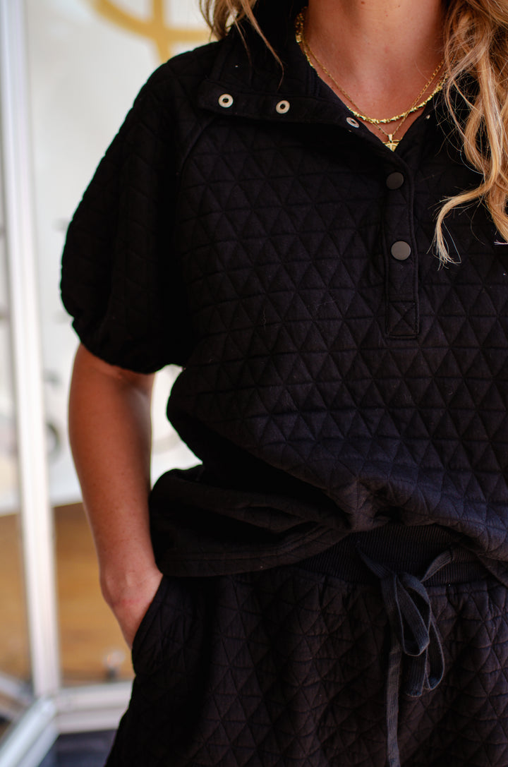 Fall Vibes Quilted Short Sleeve Collared Top with a Snap Button Detail in Black