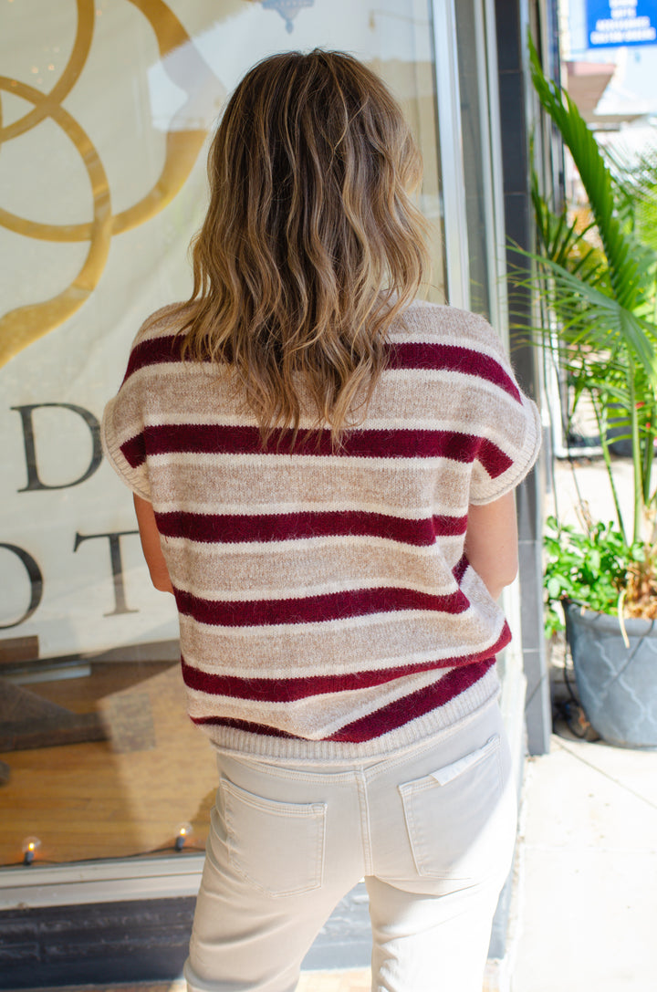 Dreams Come True Short Sleeve Stripe Sweater Top in Burgundy Mix