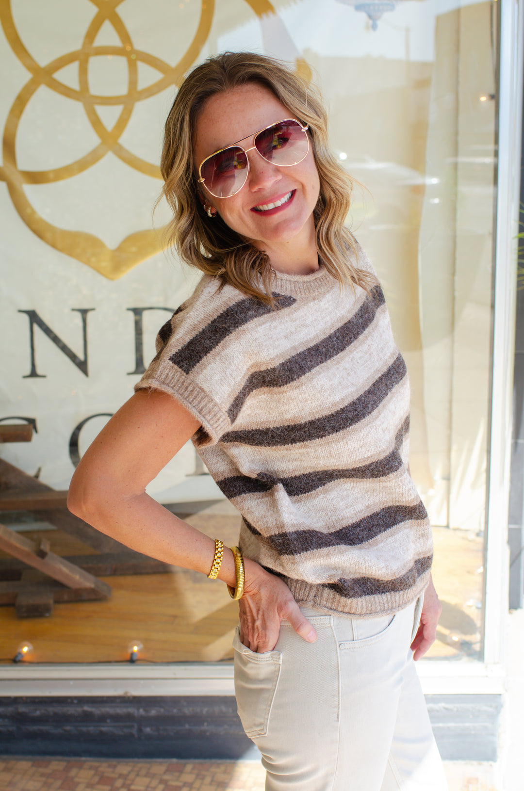 Dreams Come True Short Sleeve Stripe Sweater Top in Brown Mix